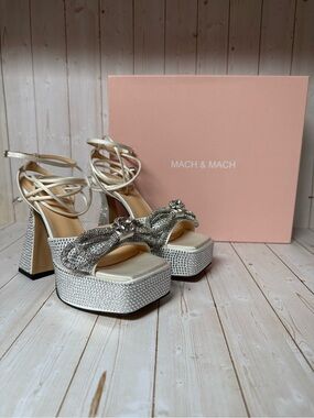 MACH & MACH Double Bow Embellished Platform Sandals White Sz 36 / 6